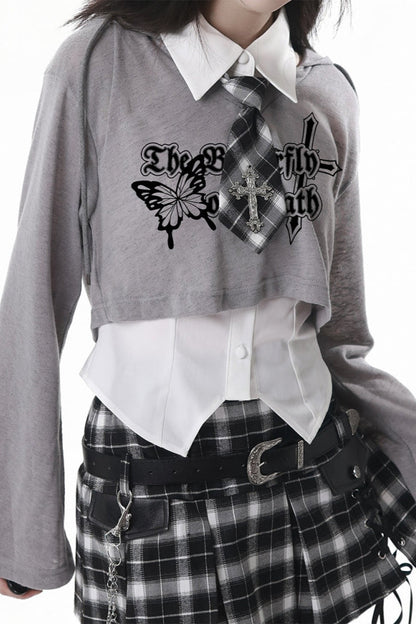 Y2k Hooded Crop Top + Sleeveless Shirt With Tie + Plaid Culottes