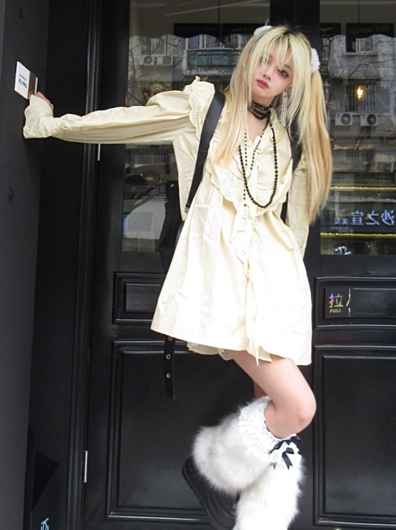 Subculture Lace V Neck Ruffle Doll Shirt Dress