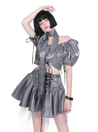 Cyberpunk Glitter Set Cross Neck Stole + Puff Sleeve Short Top + Lace Up Tulle Skirt