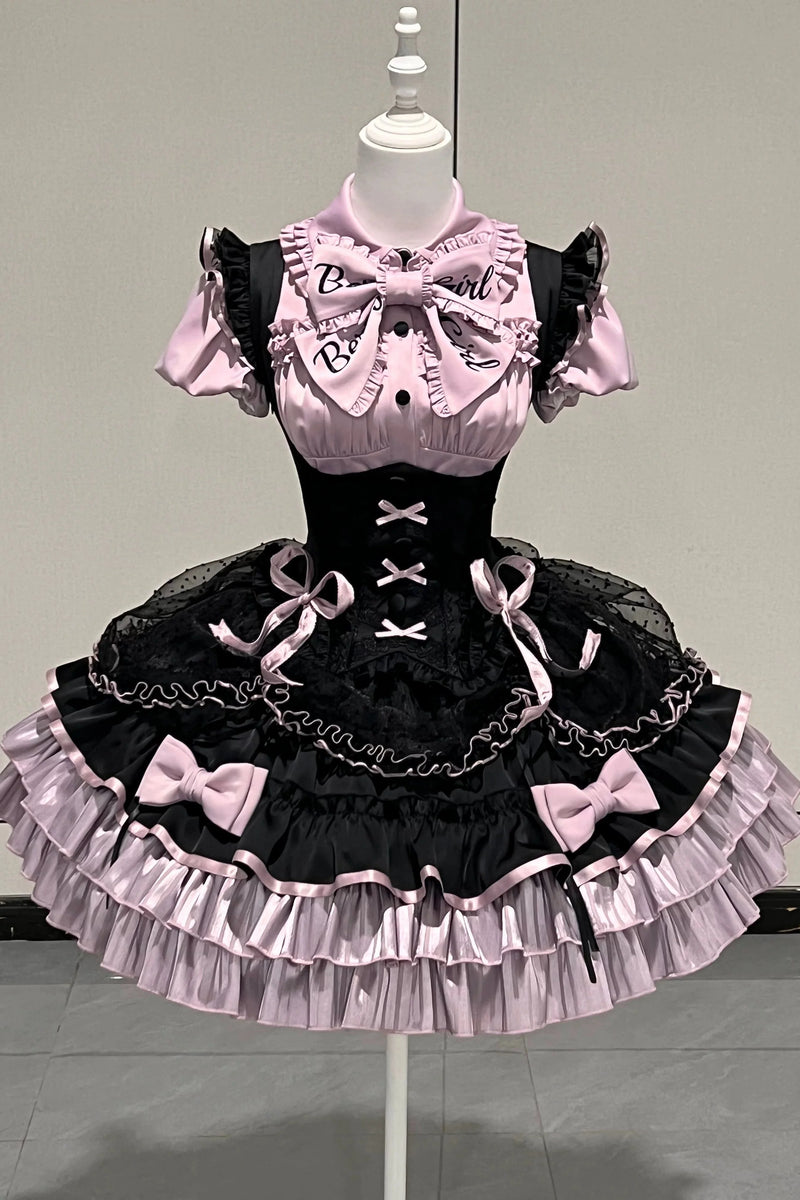 [order Deadline: May 12] Black Purple Lolita Idol Ribbon Puff Sleeve Shirt + Corset Tulle Pull-up Jks Dress Set