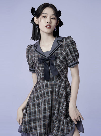 Plaid Bow Sailor Layered Dress