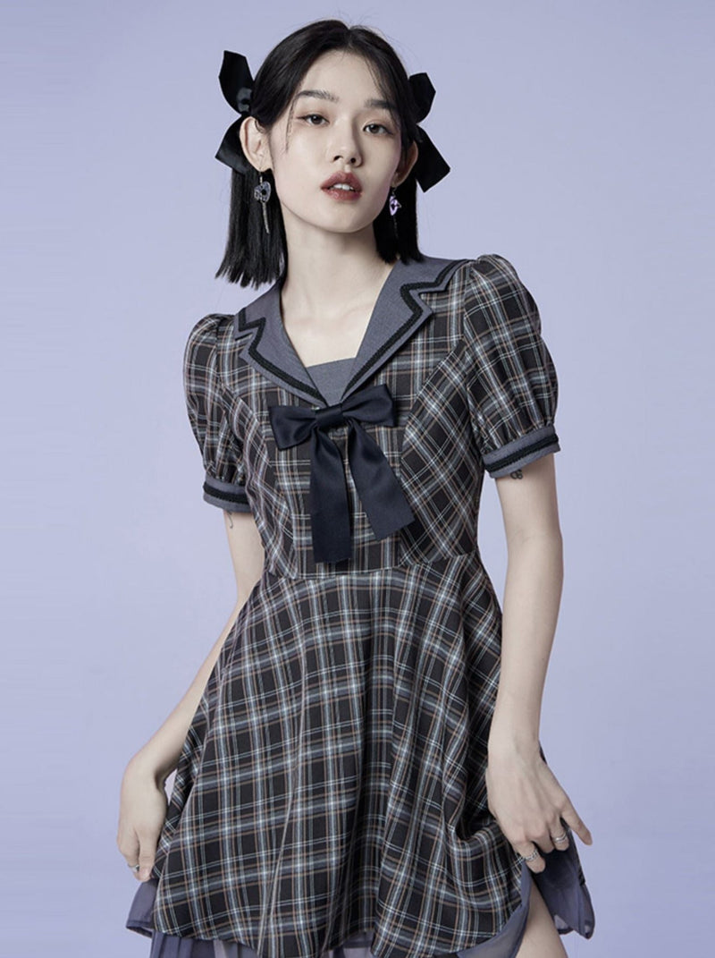 Plaid Bow Sailor Layered Dress