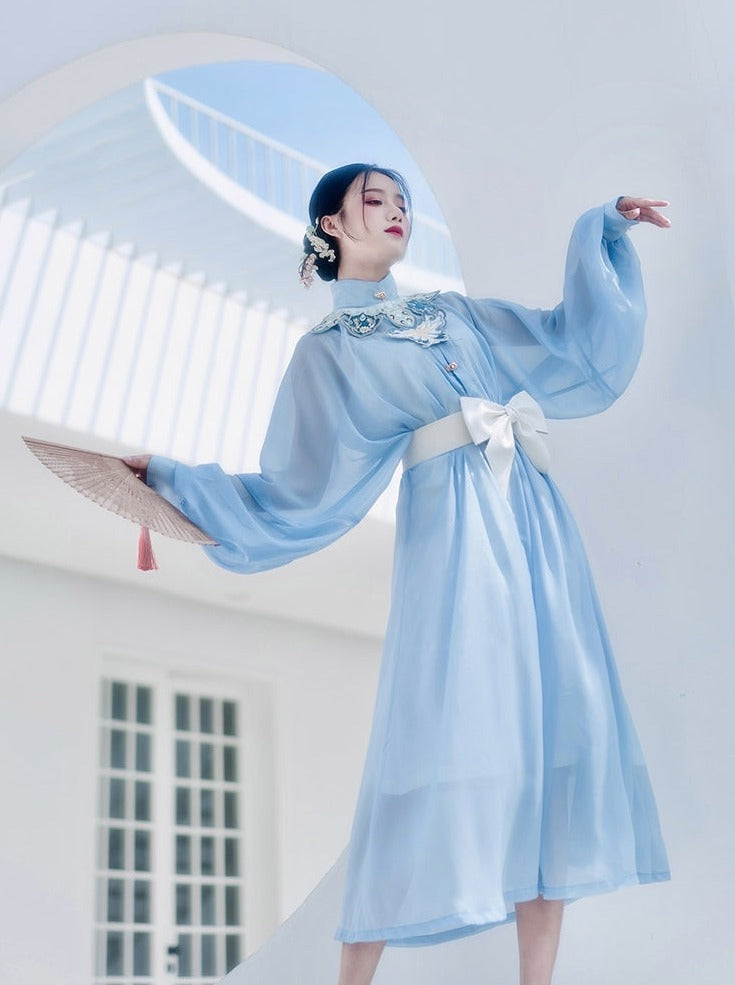 Waist Belt Sheer Stand Collar Puff Sleeve Dress