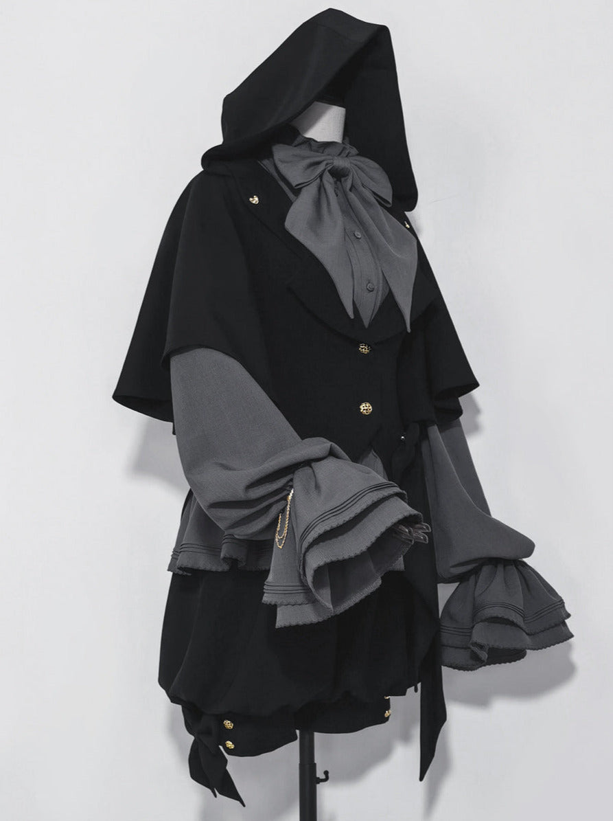 Rabbit Retro Dark Cool Rabbit Ears Hoodie Set [cape Coat / Blouse / Short Pants]