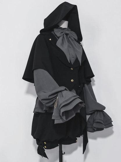 Rabbit Retro Dark Cool Rabbit Ears Hoodie Set [cape Coat / Blouse / Short Pants]