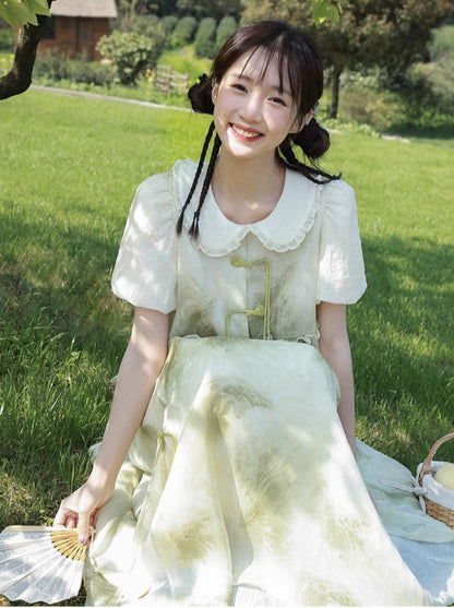 Chinese-style Tassel Chiffon Ruffle Layered Set