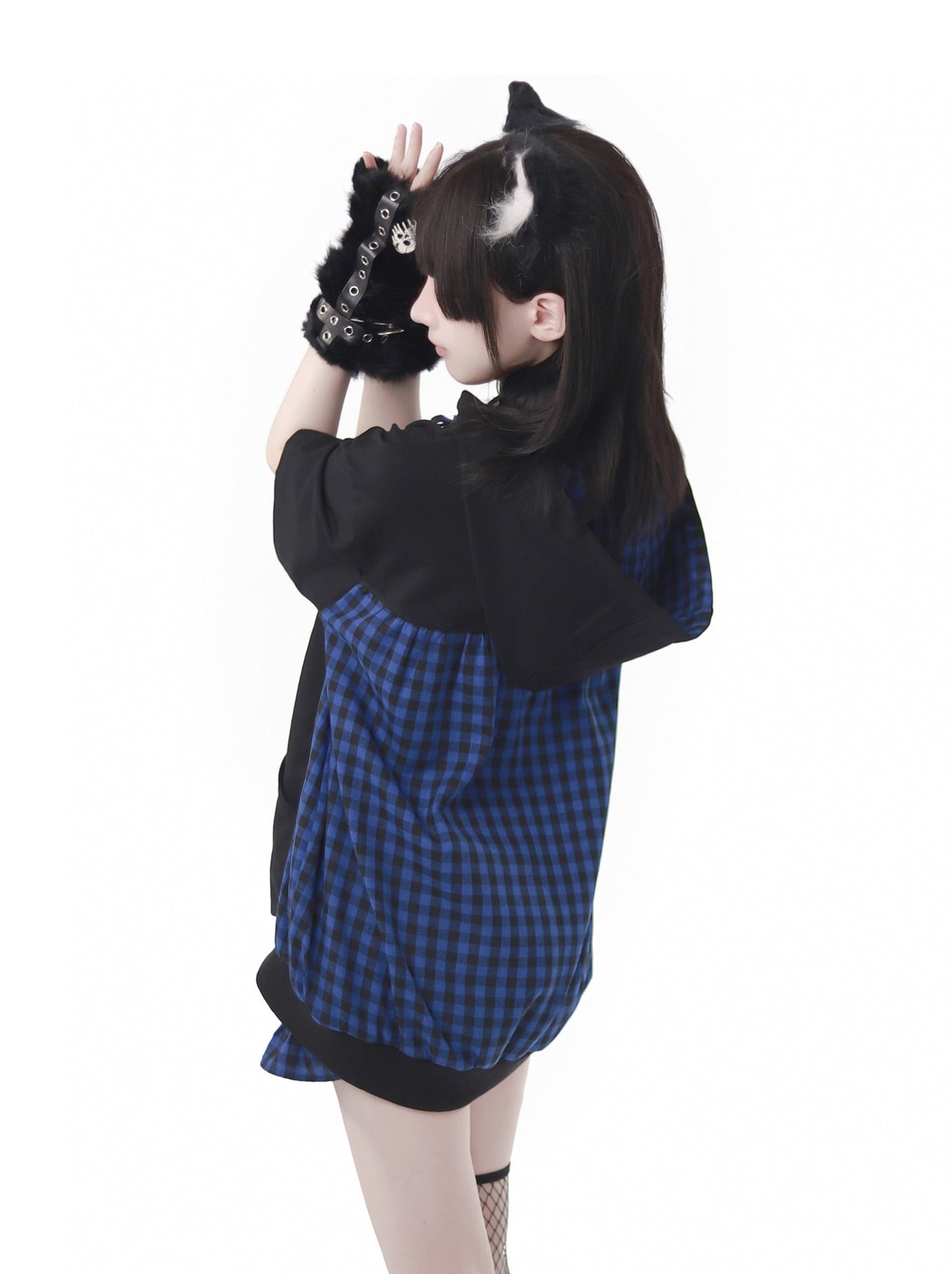 Blue Plaid Stitch Cat Ear Hoodie Summer Strap Design Suit