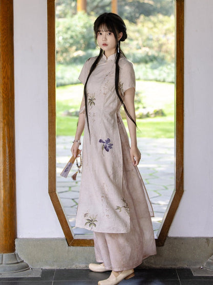 Retro Cheongsam Dress + Wide Leg Pants