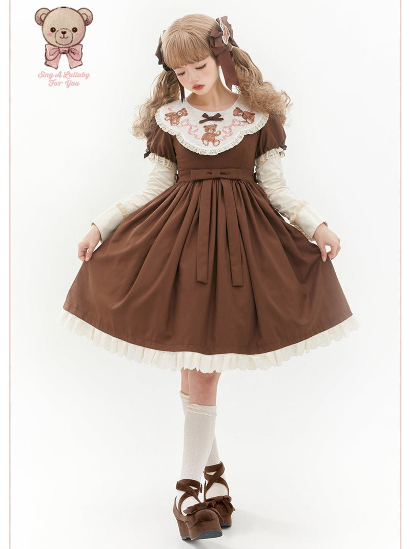[pre-order] Lolita Teddy Bear Flap Lace Puff Sleeve Ribbon Dress