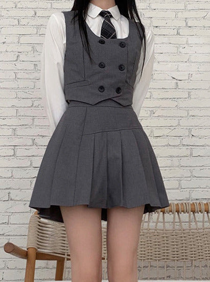 Plaid Necktie Shirt + Double-breasted Vest + Asymmetric Pleated Skirt
