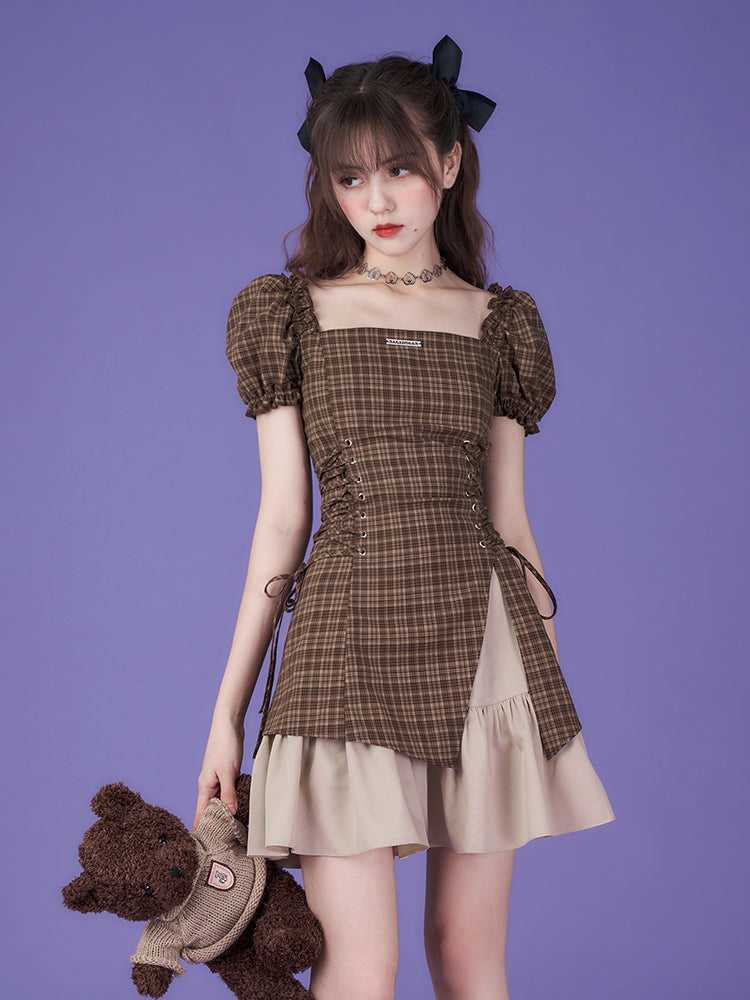 Pure Cool Design Coffee Color Plaid Dress