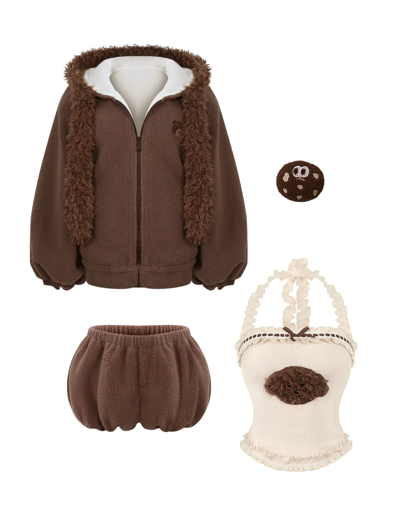 Bear Jacket + Moss Knit Suspender Top + Shorts