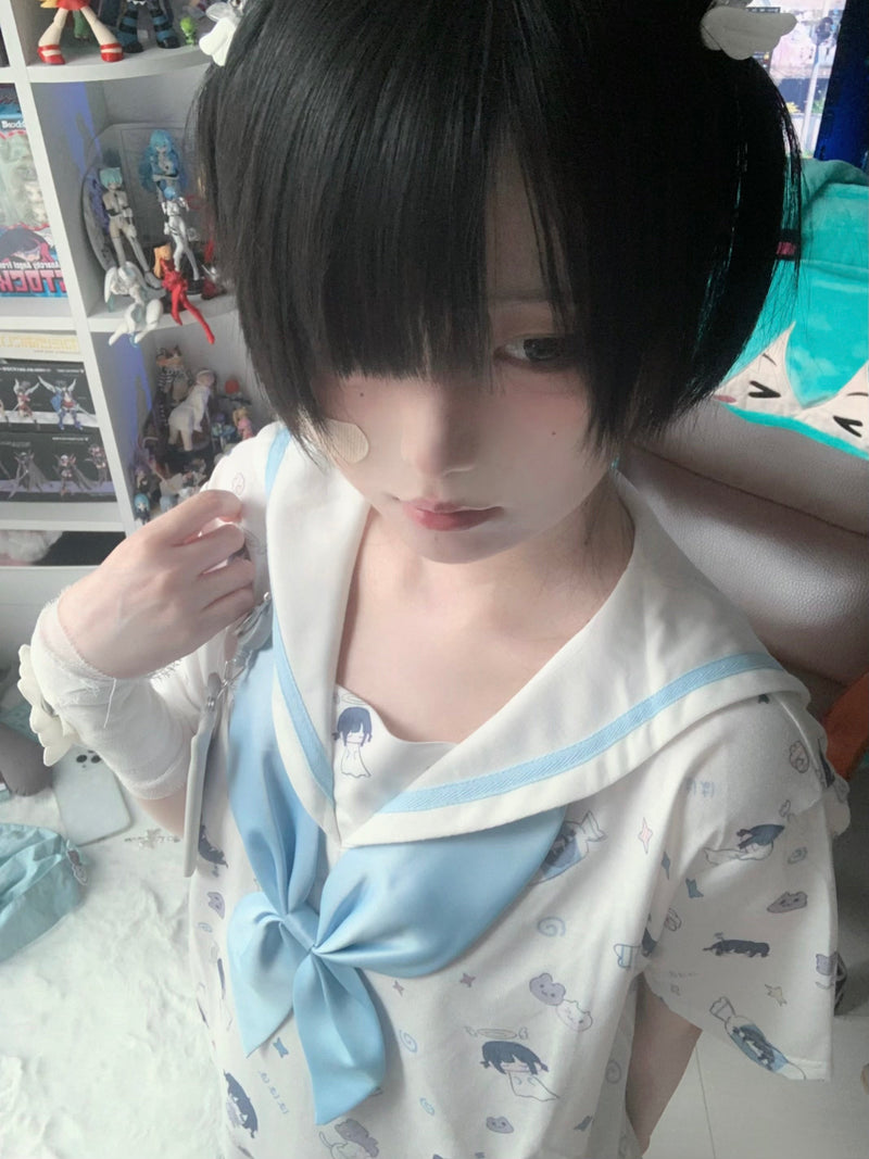 Sailor Aqua Blue Necktie Badge Print Dress