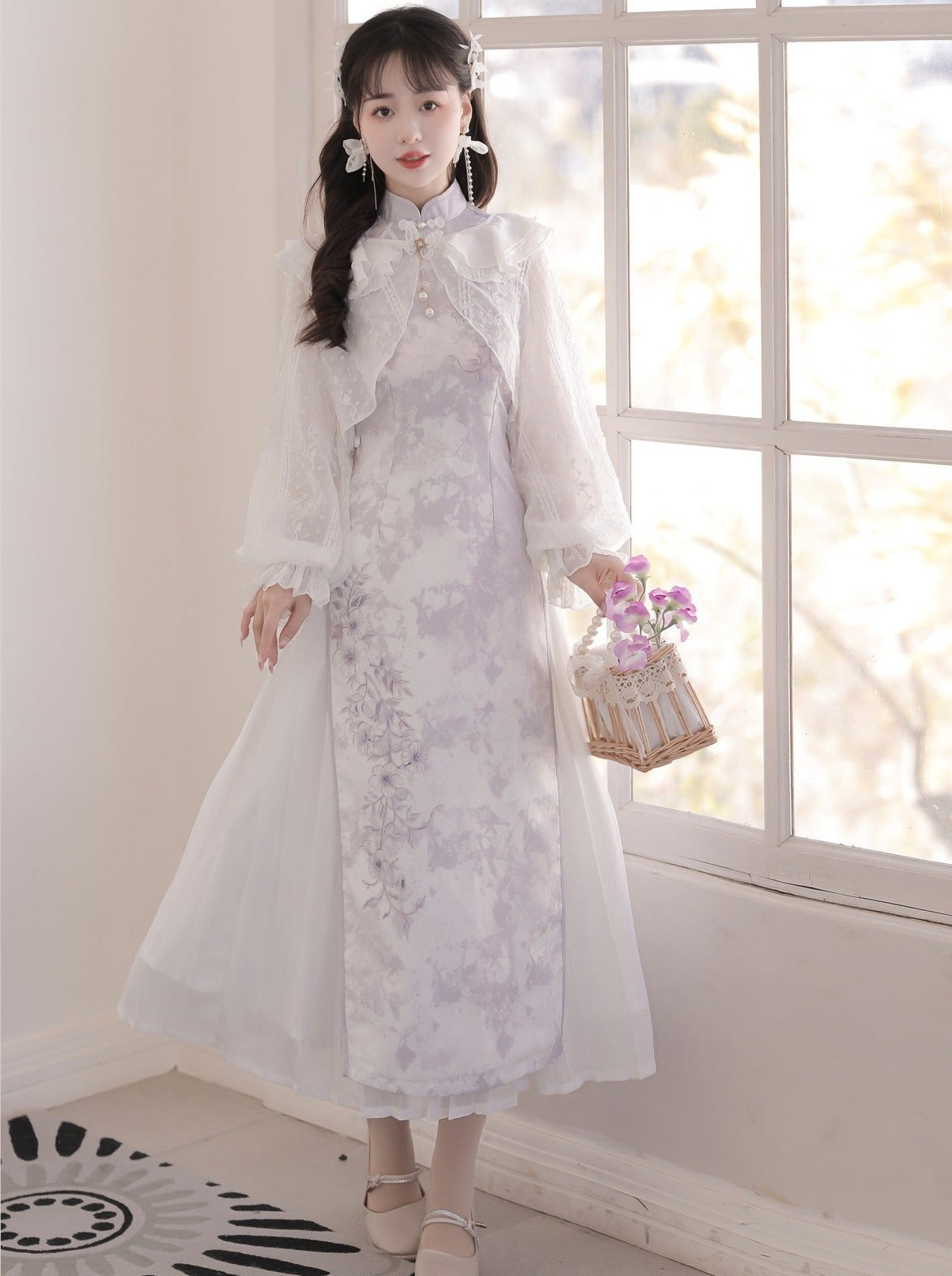 Light Purple Flower Chinese-style Dress + Ruffle Sheer Cardigan