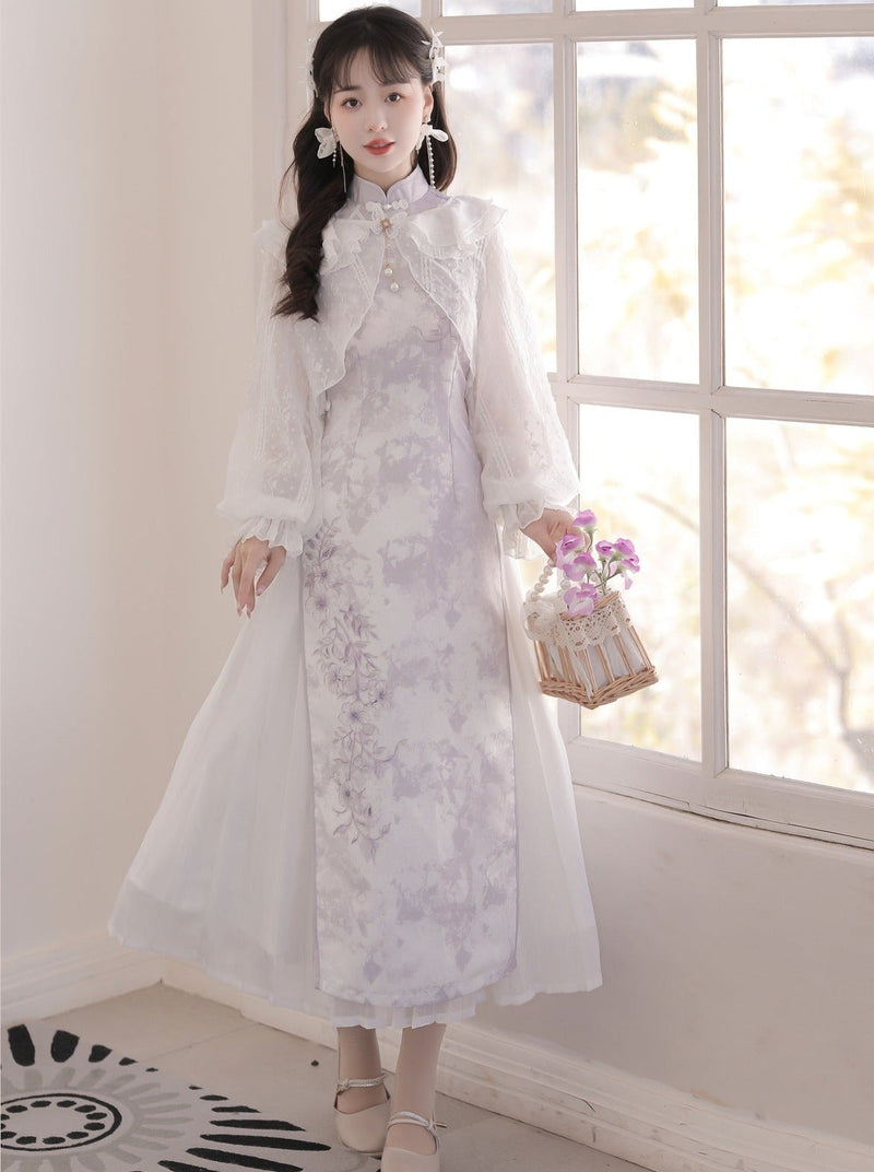 Light Purple Flower Chinese-style Dress + Ruffle Sheer Cardigan