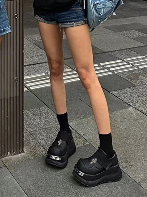 Metal Punk Cross Velcro Leather Platform Shoes