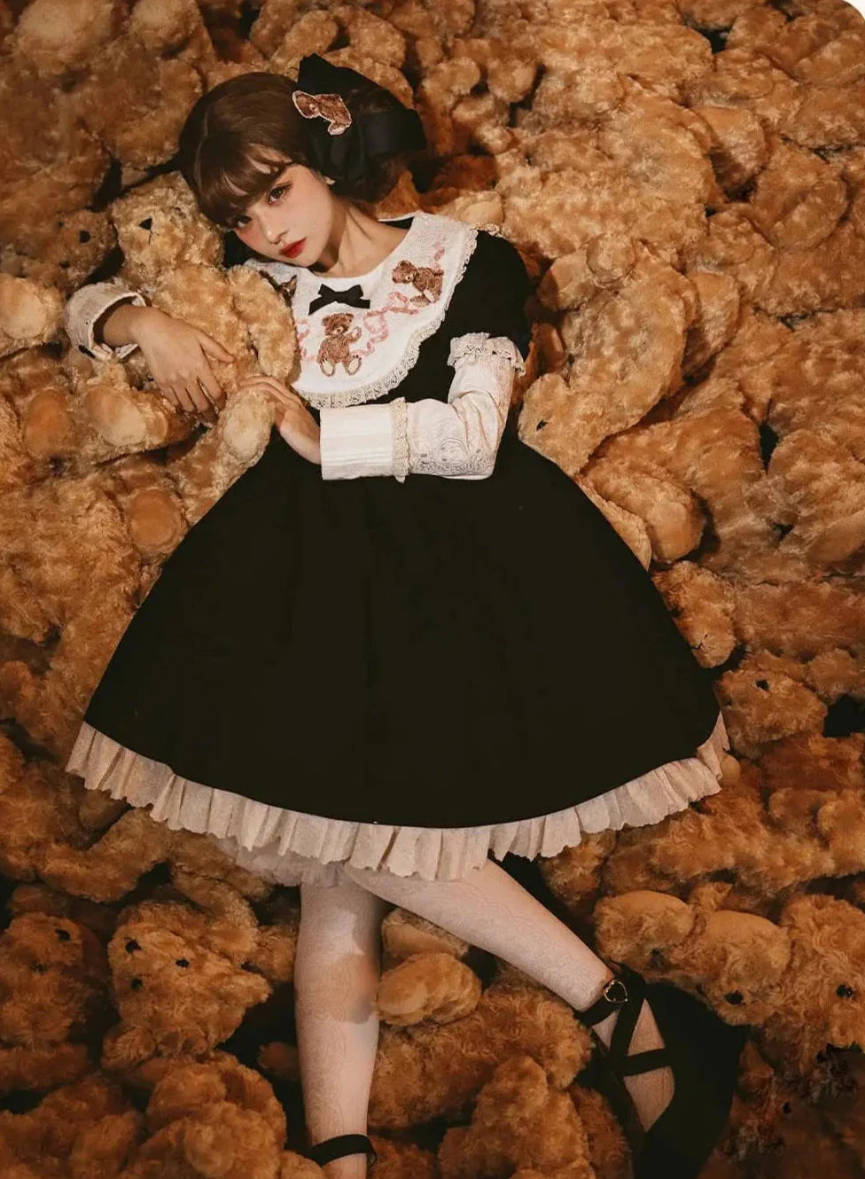 [pre-order] Lolita Teddy Bear Flap Lace Puff Sleeve Ribbon Dress