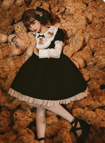 [pre-order] Lolita Teddy Bear Flap Lace Puff Sleeve Ribbon Dress