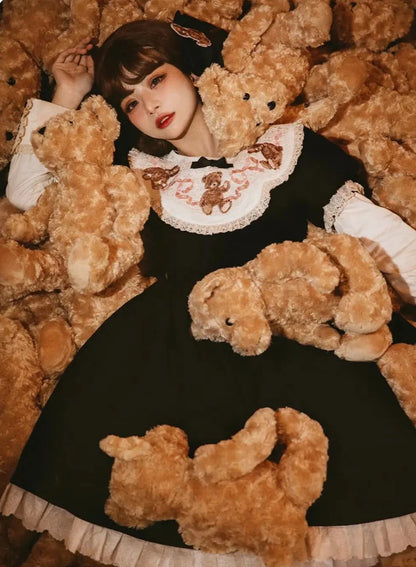 [pre-order] Lolita Teddy Bear Flap Lace Puff Sleeve Ribbon Dress