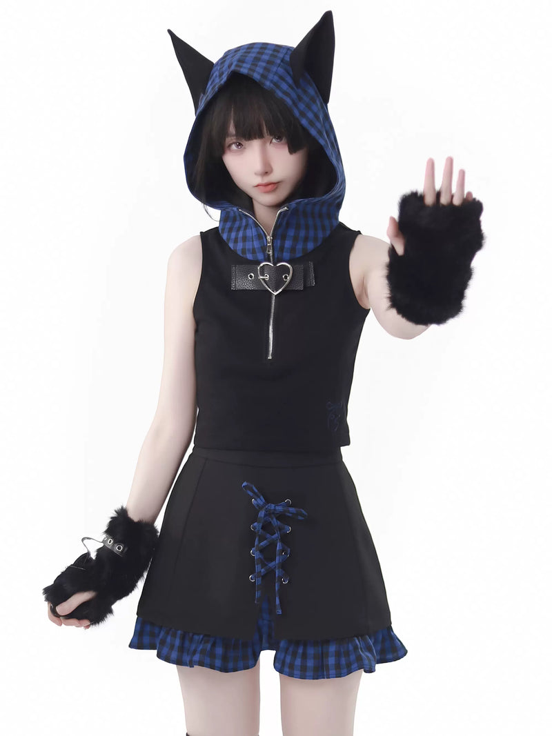 Blue Plaid Stitch Cat Ear Hoodie Summer Strap Design Suit