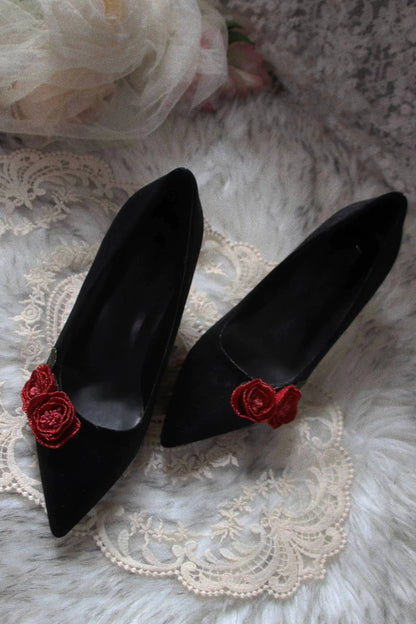Rose Story Retro Pointed Toe Leather Velvet Heels
