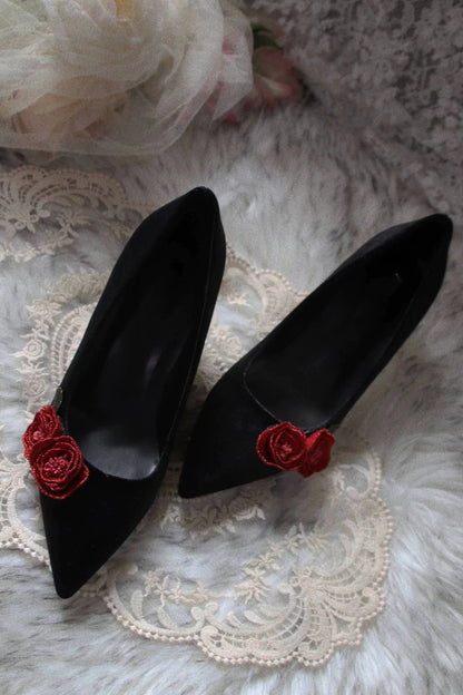 Rose Story Retro Pointed Toe Leather Velvet Heels