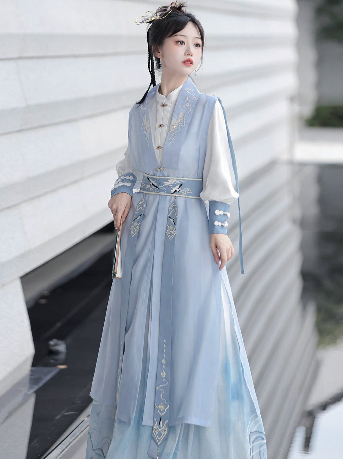 [pre-order] Light Blue Chinese-style Skirt + Tassel Long Vest + Chinese-style Blouse + Chinese-style Design Belt
