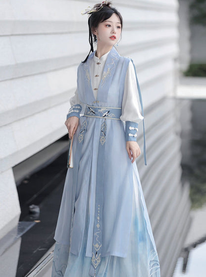 [pre-order] Light Blue Chinese-style Skirt + Tassel Long Vest + Chinese-style Blouse + Chinese-style Design Belt