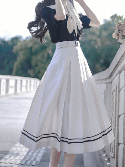 Retro French Sailor Collar Puff Sleeve Shirt + Box Pleat Skirt + Bunny Ear Necktie [pre-order]
