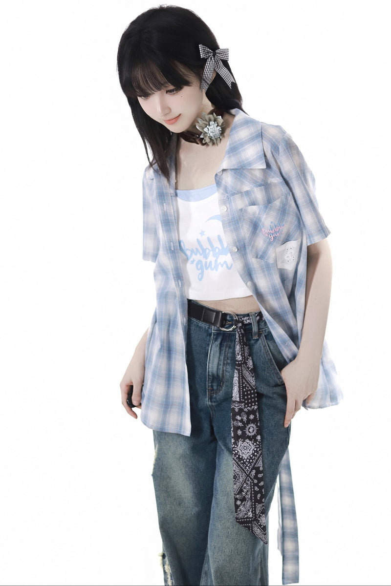 Plaid Shirt + Camisole + Denim Pants