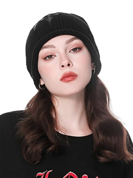 Dark Cross Leather Layered Knit Beanie