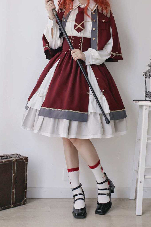 Military Style Cape Jacket + Ruffled Blouse With Tie + Waist Marked Split Layered Skirt