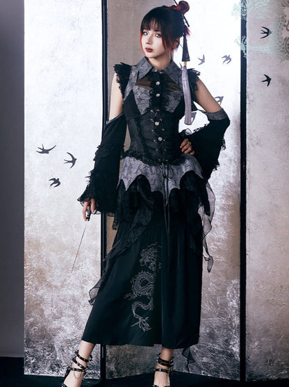 [pre-order] Chinese-style Gothic Subculture Fishtail Skirt + Top + Waist Corset