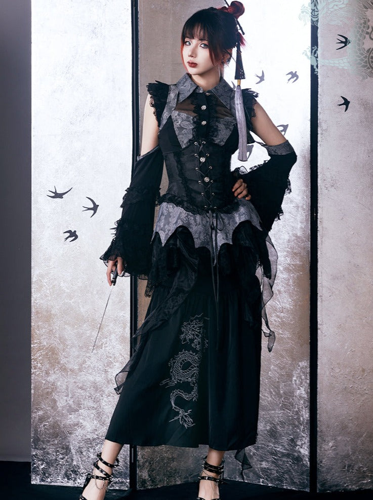 [pre-order] Chinese-style Gothic Subculture Fishtail Skirt + Top + Waist Corset