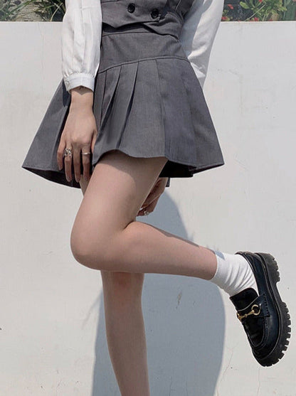Plaid Necktie Shirt + Double-breasted Vest + Asymmetric Pleated Skirt