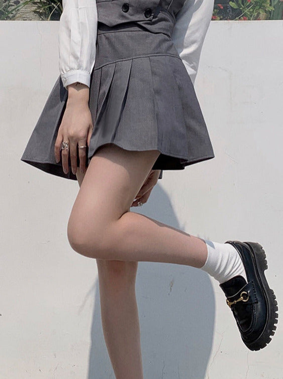 Plaid Necktie Shirt + Double-breasted Vest + Asymmetric Pleated Skirt
