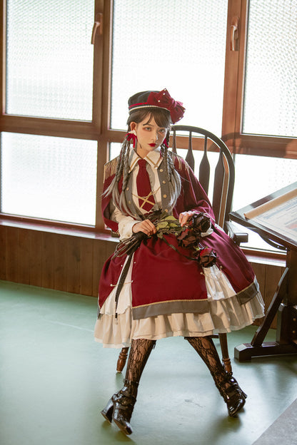 Military Style Cape Jacket + Ruffled Blouse With Tie + Waist Marked Split Layered Skirt