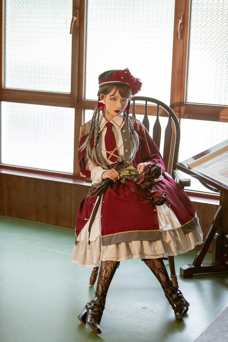 Military Style Cape Jacket + Ruffled Blouse With Tie + Waist Marked Split Layered Skirt