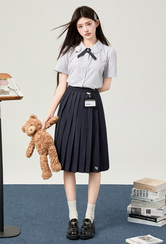 Flower Bell Tie Short Sleeve Shirt + Short Skirt + Long Skirt