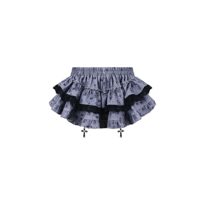 Dark Night Doll Black Print Patchwork Ribbon Top + Print Skirt