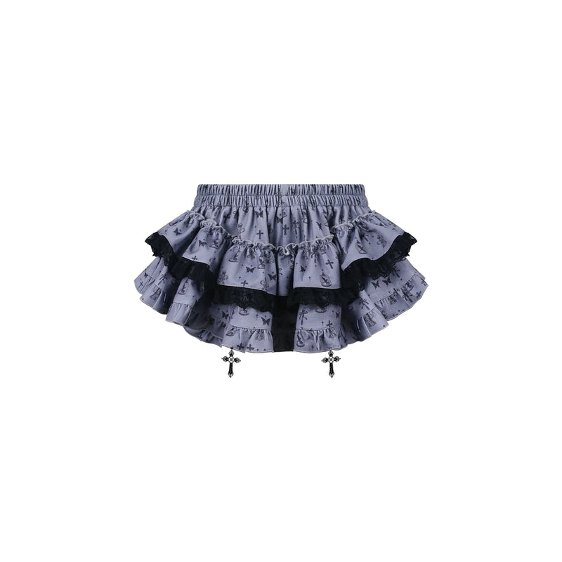 Dark Night Doll Black Print Patchwork Ribbon Top + Print Skirt