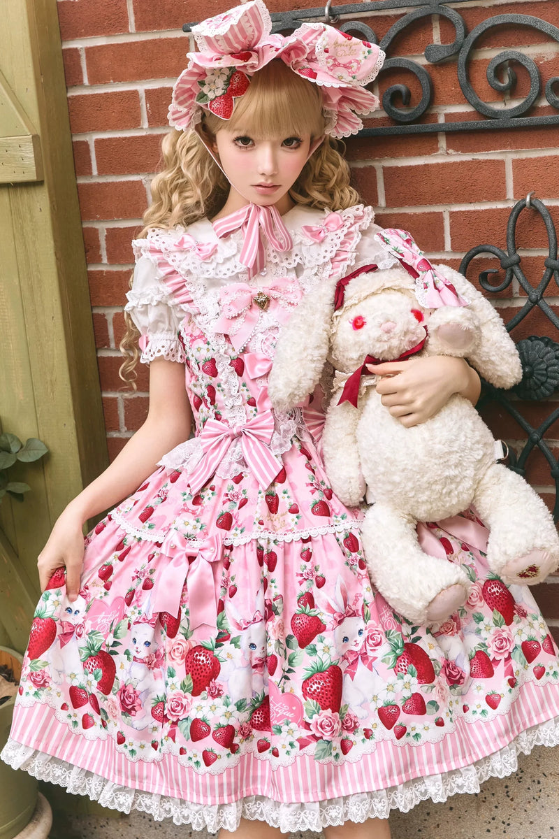 [pre-order Deadline: April 29] Strawberry Rabbit Ear Ribbon Shirt + Ruffled Shoulder Lace Ribbon Jk School Uniform Dress + Full Set/complete Set