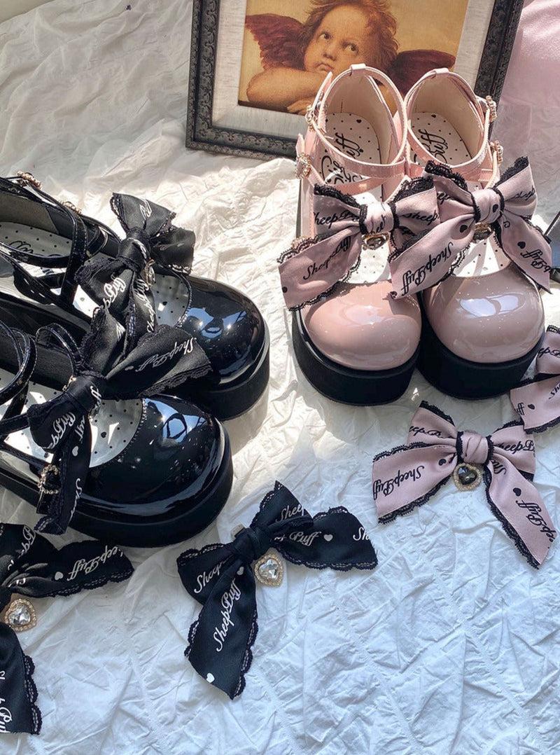 Black Pink Jewel Ribbon Platform Shoes