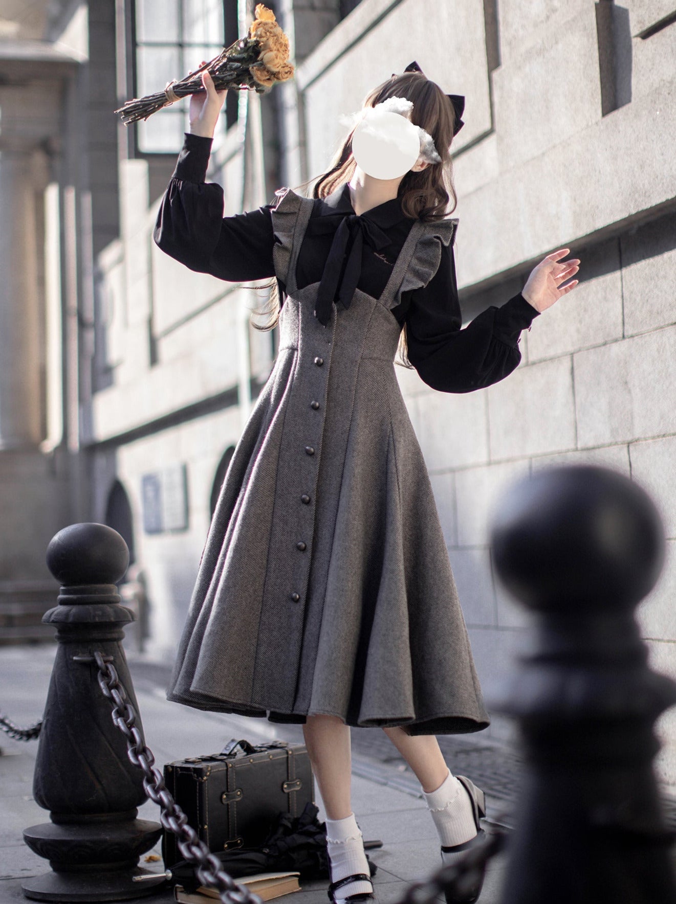 Retro Black Ribbon Volume Sleeve Shirt + Ruffle Shoulder Suspender Skirt