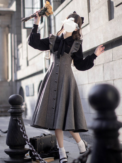Retro Black Ribbon Volume Sleeve Shirt + Ruffle Shoulder Suspender Skirt