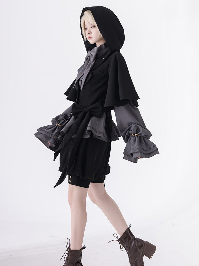 Rabbit Retro Dark Cool Rabbit Ears Hoodie Set [cape Coat / Blouse / Short Pants]
