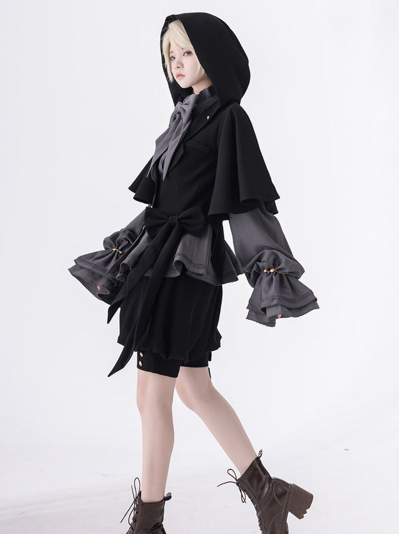 Rabbit Retro Dark Cool Rabbit Ears Hoodie Set [cape Coat / Blouse / Short Pants]