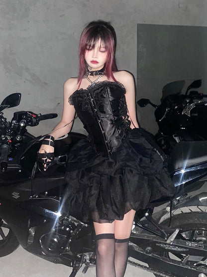 Cool Spicy Black Lace Up Bustier + Tulle Skirt