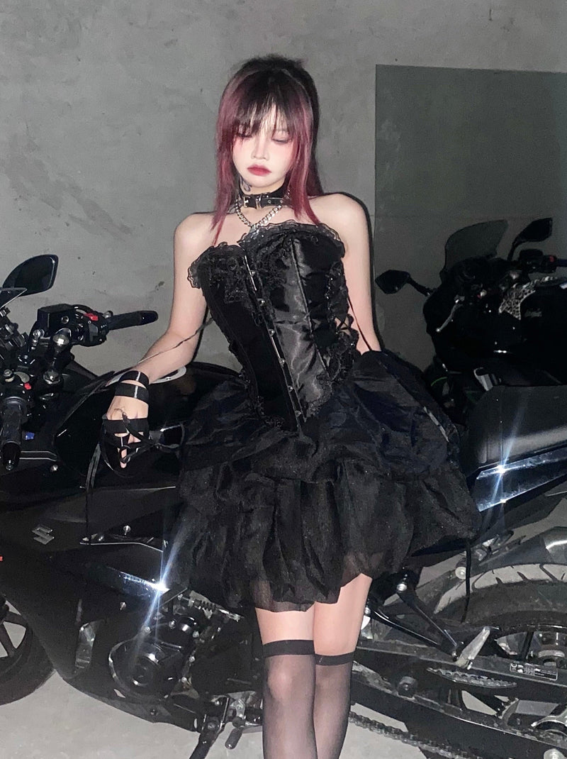 Cool Spicy Black Lace Up Bustier + Tulle Skirt