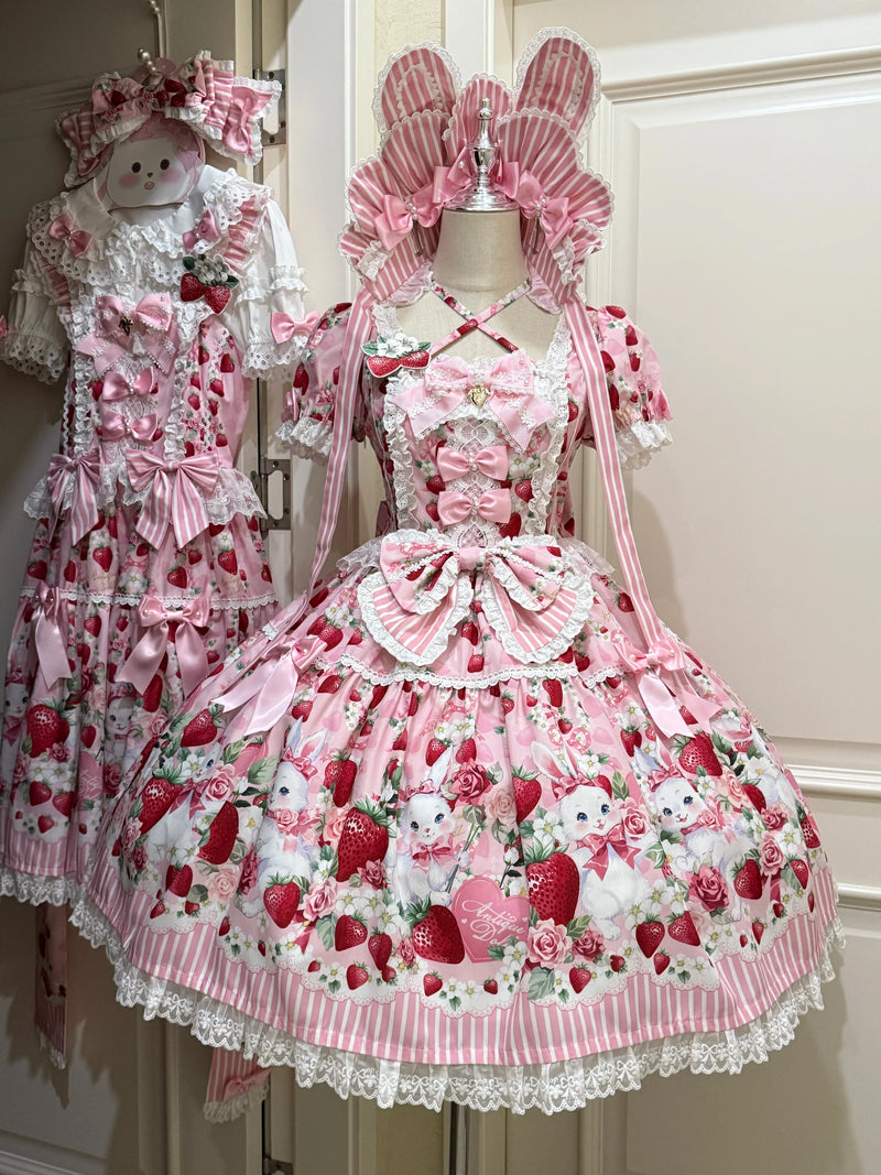 [pre-order Deadline: April 29] Strawberry Rabbit Print Lace Ribbon Sweet Dress + Complete Set